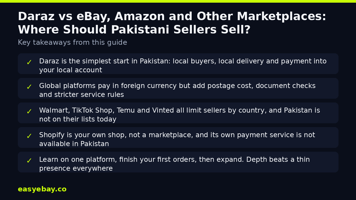 Infographic: Daraz vs eBay, Amazon and Other Marketplaces: Where Should Pakistani Sellers Sell? key takeaways