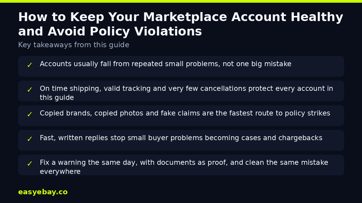 Infographic: How to Keep Your Marketplace Account Healthy and Avoid Policy Violations key takeaways