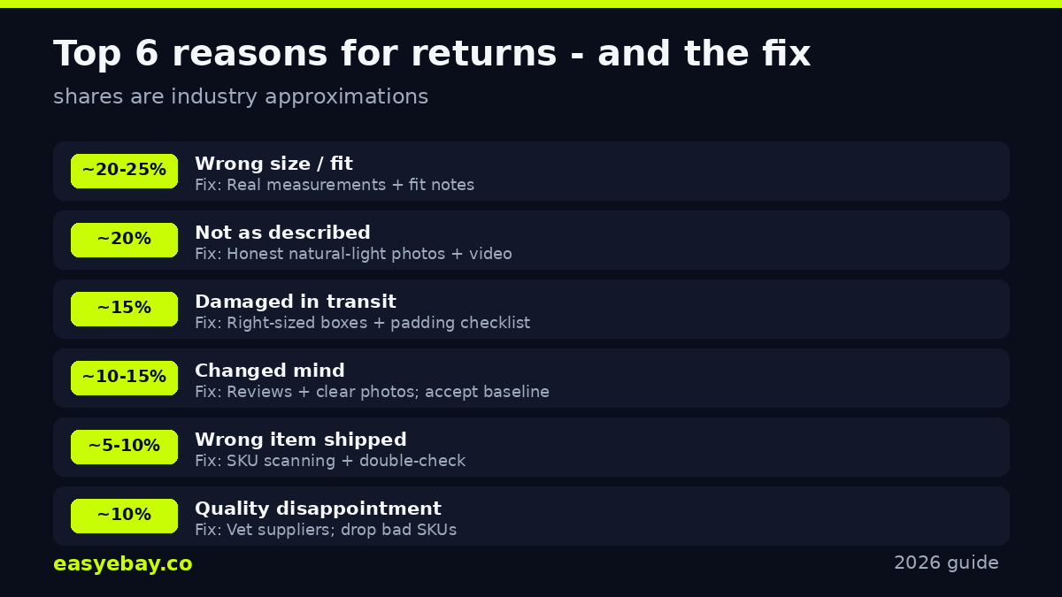 Top 6 reasons for returns and the fix infographic.