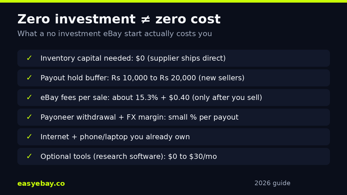 Infographic: real costs of zero-investment online earning in Pakistan - eBay fees, Payoneer withdrawals, tools